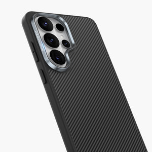 Black carbon fiber Marcus Series magnetic case for Samsung Galaxy S26 with raised camera protection.