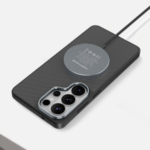 Black Marcus Series Aramid Fiber Magnetic Case for Samsung Galaxy S26 with MagSafe charging compatibility.