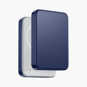 Glossey Magnetic Wireless Power Bank in sleek navy blue with white back panel, featuring CE, FCC, RoHS certifications.