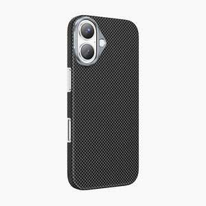 Black Norra Aramid Fiber Magnetic Case for iPhone 17 Series with carbon fiber texture and precise camera cutout.