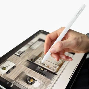 White Zipen Stylus Pen for iPad with magnetic charging, shown drawing floor plans smoothly on tablet screen.