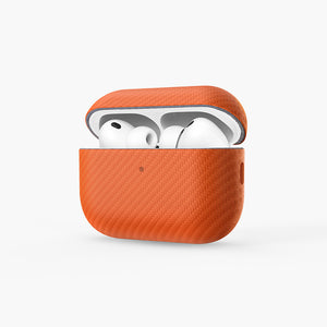 Oscar Eco-Leather Case for AirPods Pro 3 in vibrant orange with textured finish, open to reveal white earbuds inside.