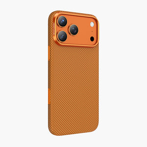 Orange Norra Aramid Fiber Magnetic Case for iPhone 17 Series with textured weave and precise camera cutout.