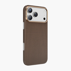 Norra Aramid Fiber Magnetic Case for iPhone 17 Series with woven texture and gold camera frame.