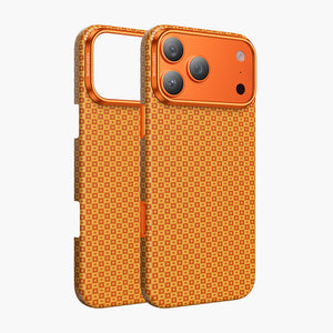 Orange Ankora Aramid Fiber Magnetic Case for iPhone 17 Series with geometric pattern and camera protection.