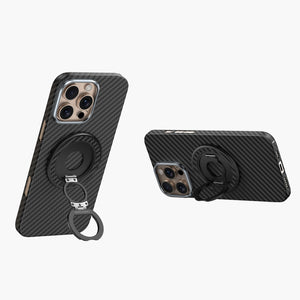 Black Aramid Fiber iPhone Case with Dual-Fold Magnetic 360° Ring Stand & Foldable Grip