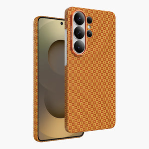 Ankora Aramid Fiber Magnetic Case for Samsung Galaxy S26 Ultra with orange geometric pattern and camera protection.