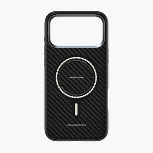Caiser black aramid fiber magnetic case for iPhone 17 series with MagSafe compatibility and carbon fiber texture.