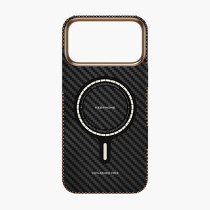 Norra black aramid fiber magnetic case for iPhone 17 series with MagSafe compatibility and carbon fiber texture.