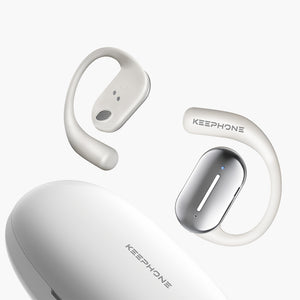 White Keephone Airfit open-ear earbuds with ergonomic hook design and charging case for HiFi sound.