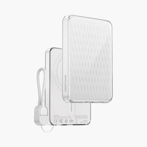 Icemag 5000mAh Magnetic Wireless Power Bank with sleek white design and portable charging cable.