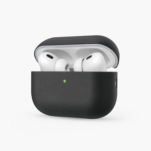 Black Eco-Leather Case for AirPods Pro 2 with Green LED Indicator