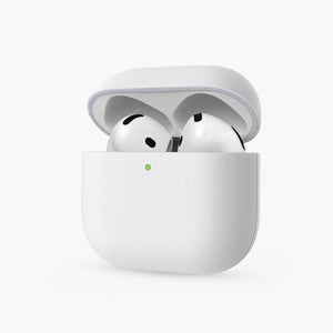 White Rocca eco-leather case for AirPods 4, open lid showing earbuds inside with green LED indicator.