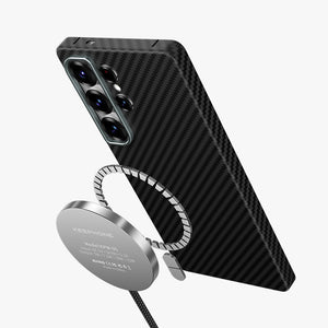 Diago Aramid Fiber Magnetic Case for Samsung Galaxy S26 Series with sleek carbon fiber design and wireless charging compatibi