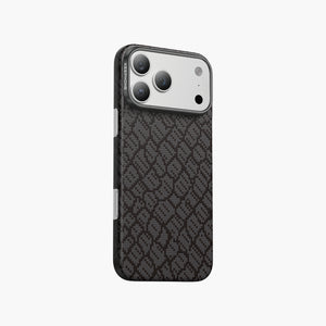 Drakon Aramid Fiber Magnetic Case for iPhone 17 Pro/Pro Max with textured black design and camera protection.