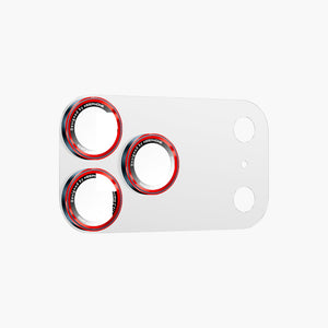 Auralens red-rimmed camera lens protector for iPhone 17 Pro/Pro Max, clear tempered glass with precise cutouts.