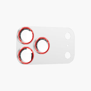 Auralens red-ringed camera lens protector for iPhone 17 Pro/Pro Max, durable metal frame with precise cutouts.