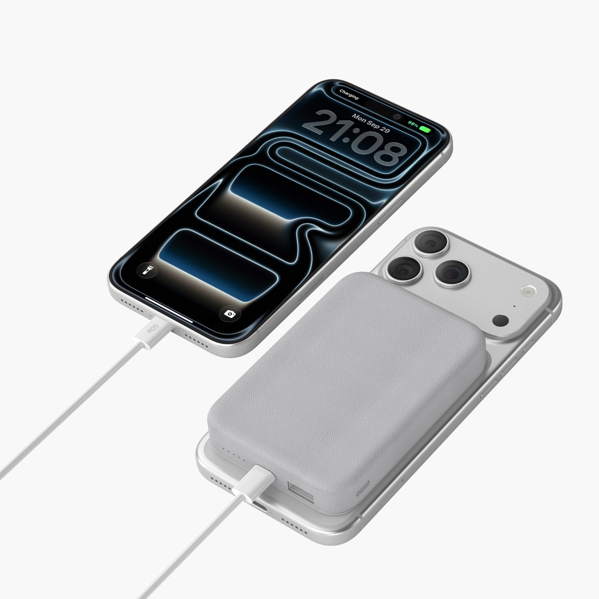 Peekaboo Eco-Leather Magnetic Power Bank charging two smartphones via USB-C cables.