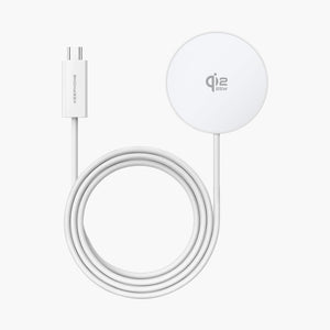 Airmag Qi2 Magnetic Wireless Charger with 25W fast charging, sleek white design, USB-C cable included.