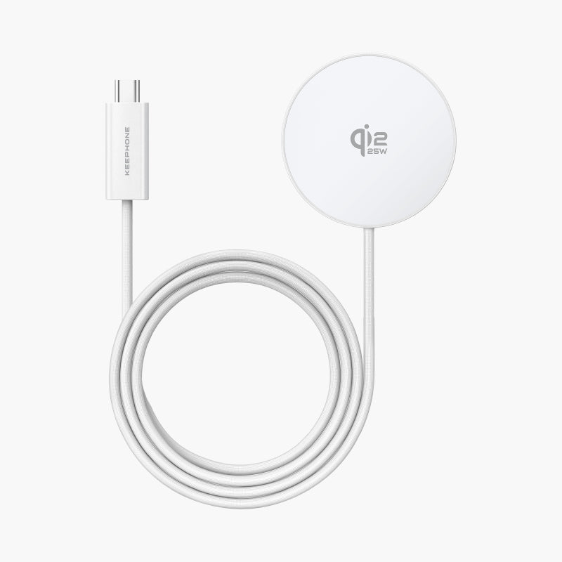 Airmag Qi2 Magnetic Wireless Charger with 25W fast charging, sleek white design, USB-C cable included.