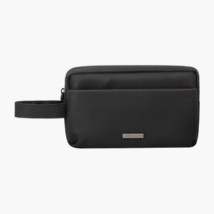 Black Nappa leather multi-functional packing pouch with wrist strap and sleek design for travel essentials.