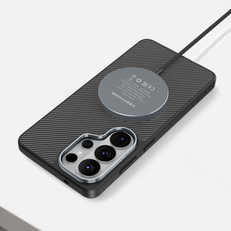 Black Marcus Series Aramid Fiber Magnetic Case for Samsung Galaxy S26 with MagSafe charging compatibility.