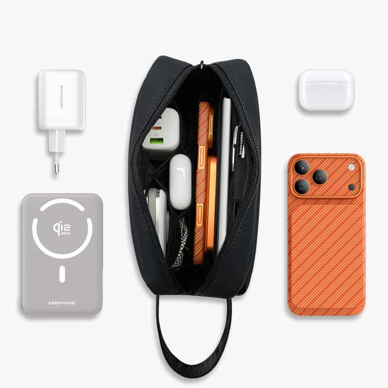 Black Nappa Multi-Functional Packing Pouch holding phone, charger, earbuds, and accessories for travel organization.
