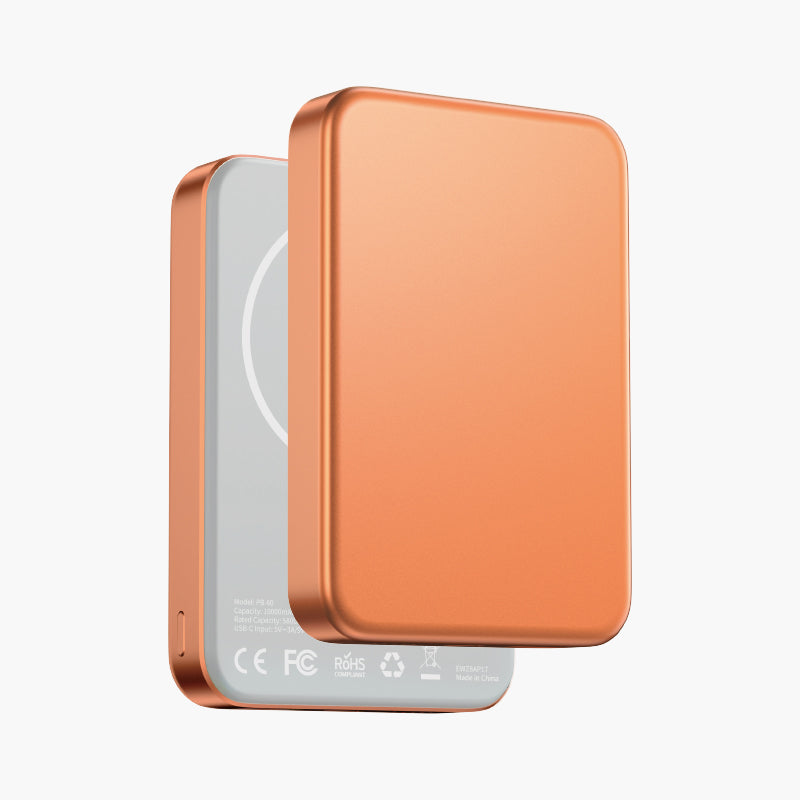 Glossey Magnetic Wireless Power Bank in sleek copper finish, portable charger with modern design for smartphones.