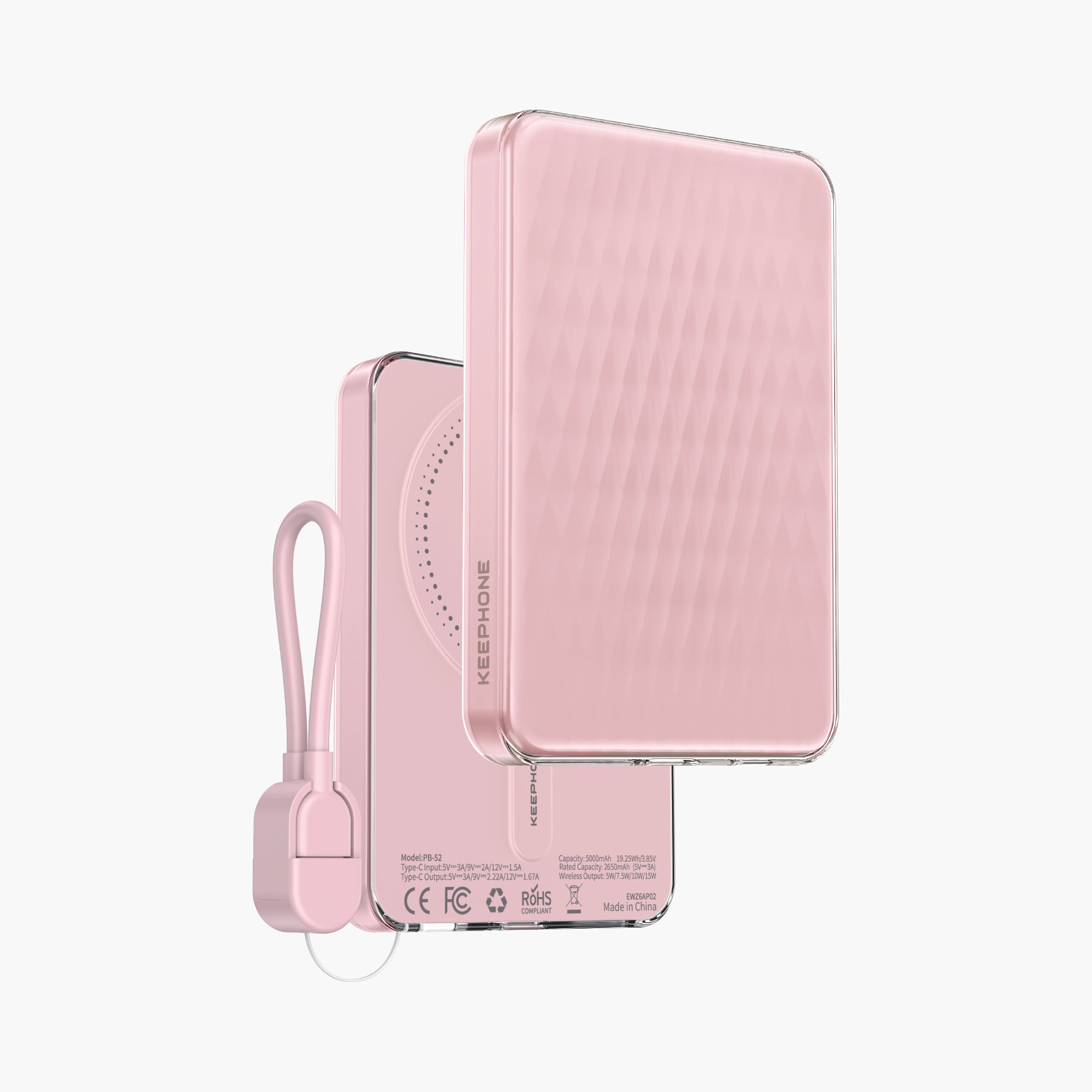 Pink Icemag 5000mAh Magnetic Wireless Power Bank with built-in cable and textured design for portable charging.