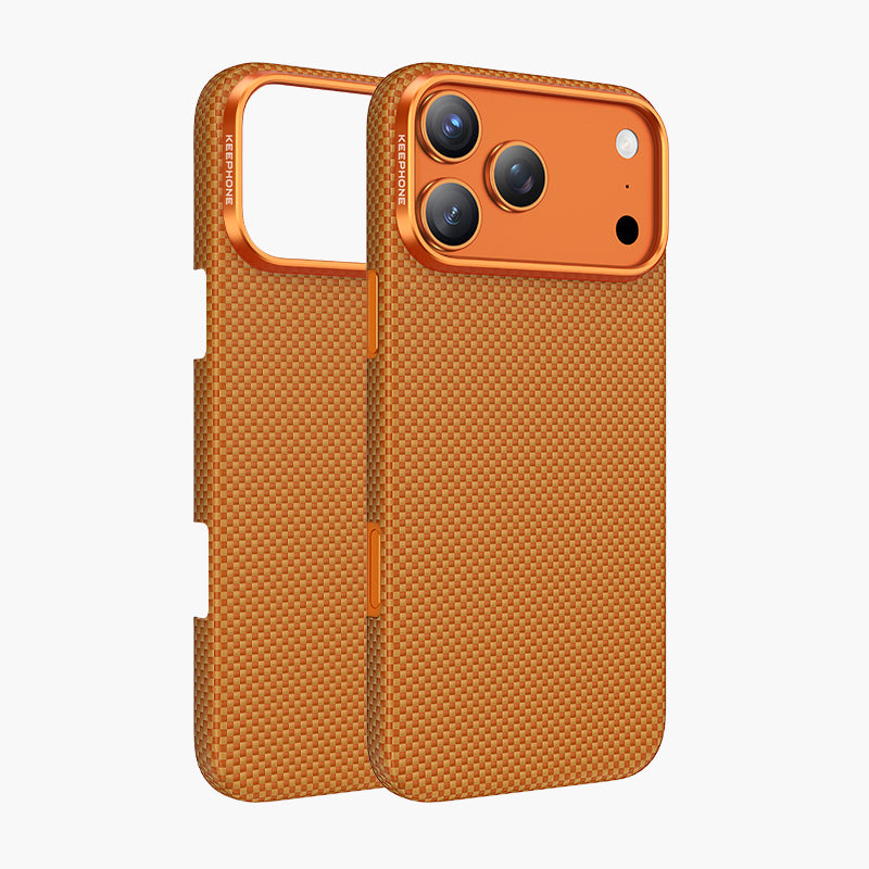 Orange Norra Aramid Fiber Magnetic Case for iPhone 17 Series with textured weave and precise camera cutout.