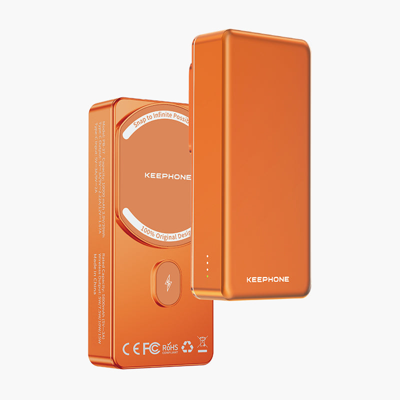 Orange Magcube Ultra-Slim Magnetic Power Bank by KeepPhone with wireless charging and sleek design.