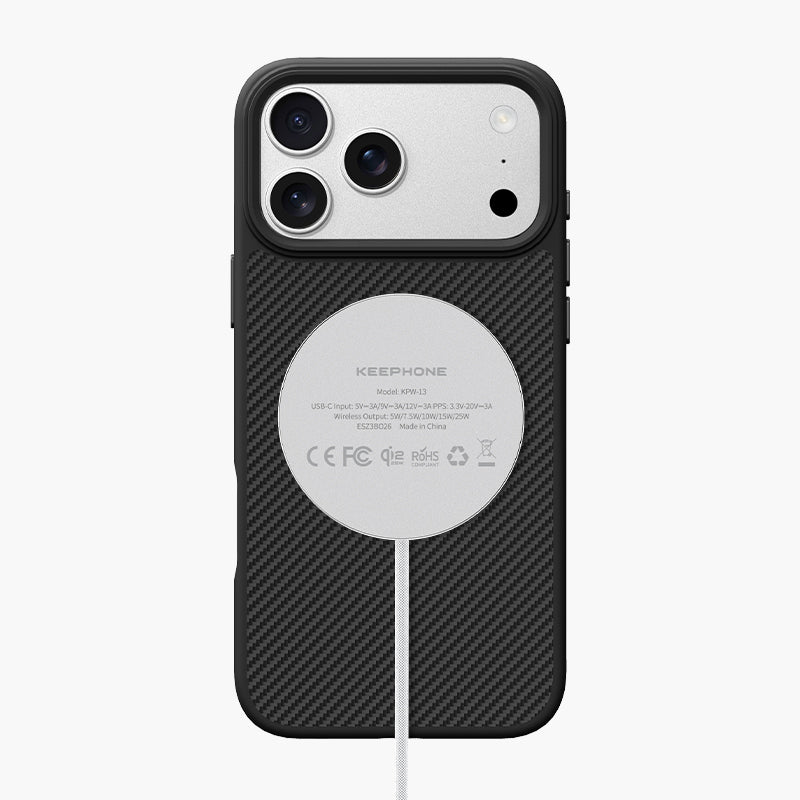 Black Combat Aramid Fiber Magnetic Case for iPhone 17 Series with MagSafe charging and carbon fiber texture.