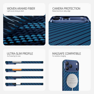 Robin Aramid Fiber Case for iPhone 17 Pro: slim, MagSafe compatible, camera protection, woven texture.