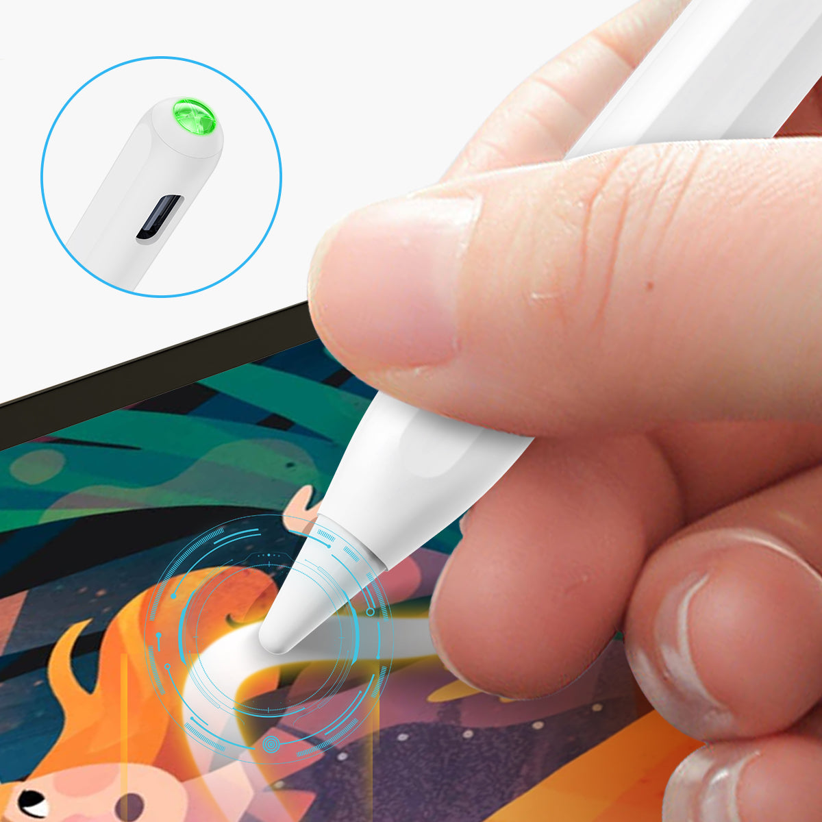 White Zipen stylus pen for iPad with magnetic charging, shown drawing on tablet screen with green LED indicator.
