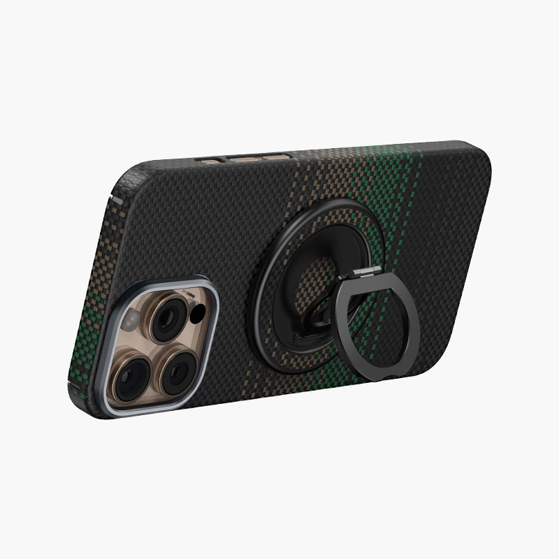 Aramid Fiber iPhone Case with Dual-Fold Magnetic 360° Ring Stand & Foldable Grip - Black/Green