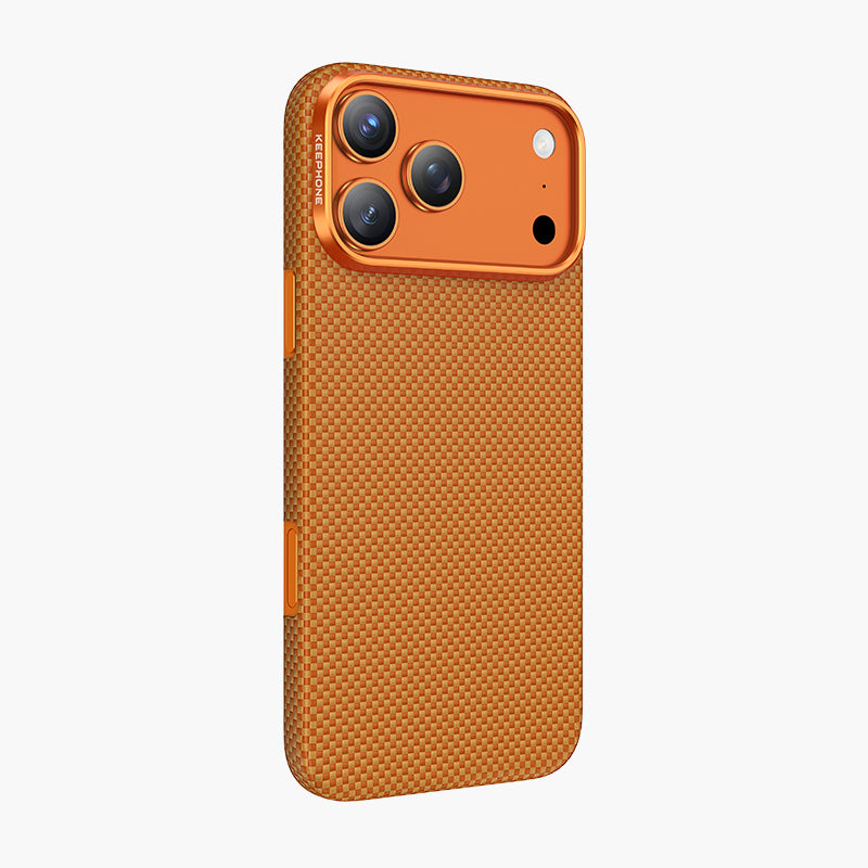 Orange Norra Aramid Fiber Magnetic Case for iPhone 17 Series with textured weave and precise camera cutout.