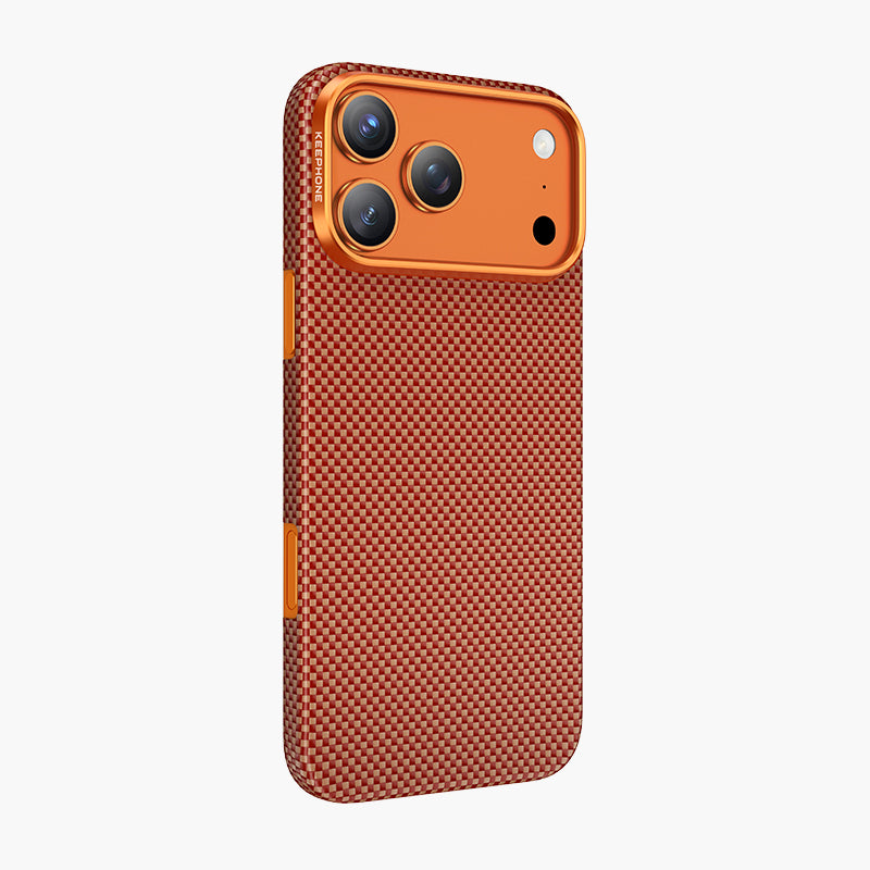 Orange Norra Aramid Fiber Magnetic Case for iPhone 17 Series with woven texture and camera protection.