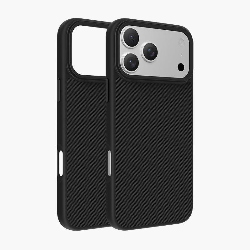 Black Combat Aramid Fiber Magnetic Case for iPhone 17 Series with carbon fiber texture and precise camera cutout.