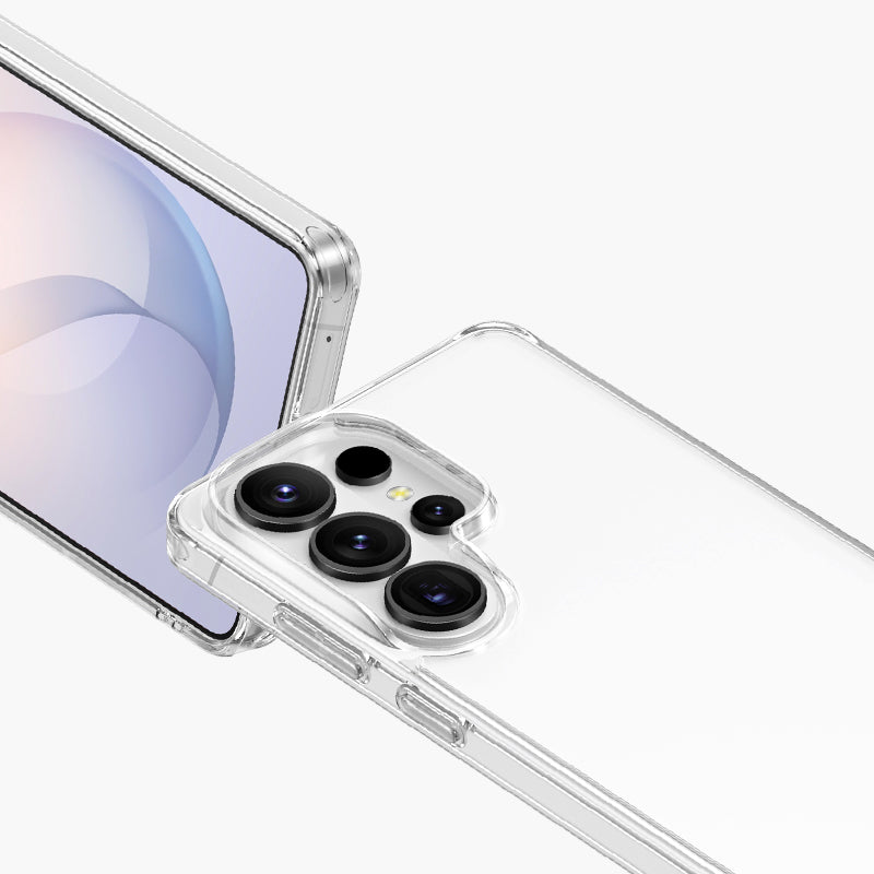 Transparent hybrid shockproof case for Samsung Galaxy S26 Series with raised camera protection and slim design.