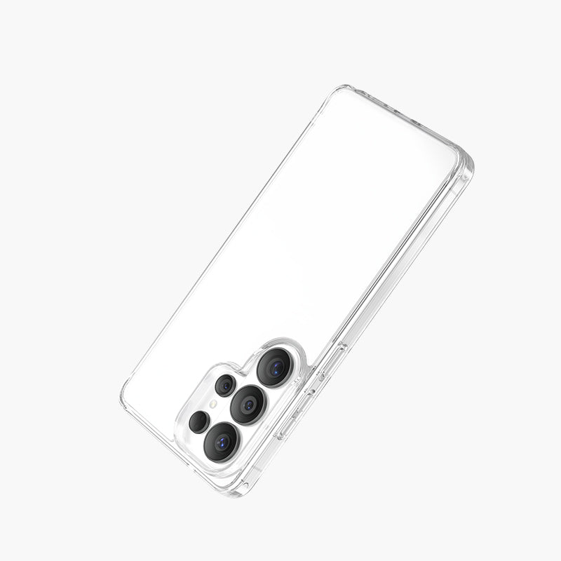 Clear shockproof case for Samsung Galaxy S26 with raised camera protection and slim transparent design.