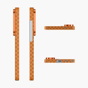 Ankora Aramid Fiber Magnetic Case for Samsung Galaxy S26 Ultra with geometric orange pattern and copper accents.