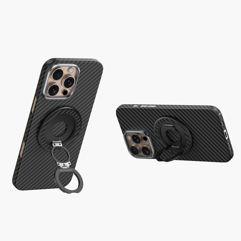 Black Aramid Fiber iPhone Case with Dual-Fold Magnetic 360° Ring Stand & Foldable Grip