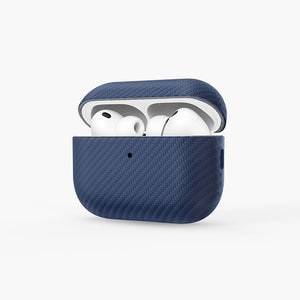 Oscar Eco-Leather Case for AirPods Pro 3 in navy blue with textured finish, open lid revealing white earbuds inside.