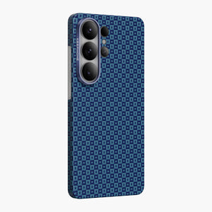 Blue geometric patterned Ankora Aramid Fiber magnetic case for Samsung Galaxy S26 Ultra with camera protection.