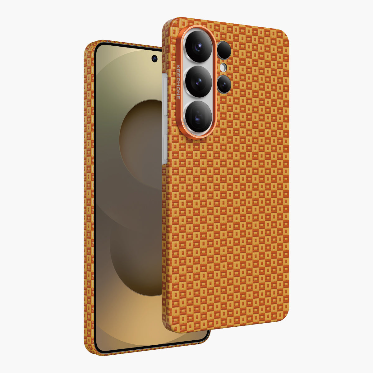 Ankora Aramid Fiber Magnetic Case for Samsung Galaxy S26 Ultra with orange geometric pattern and camera protection.