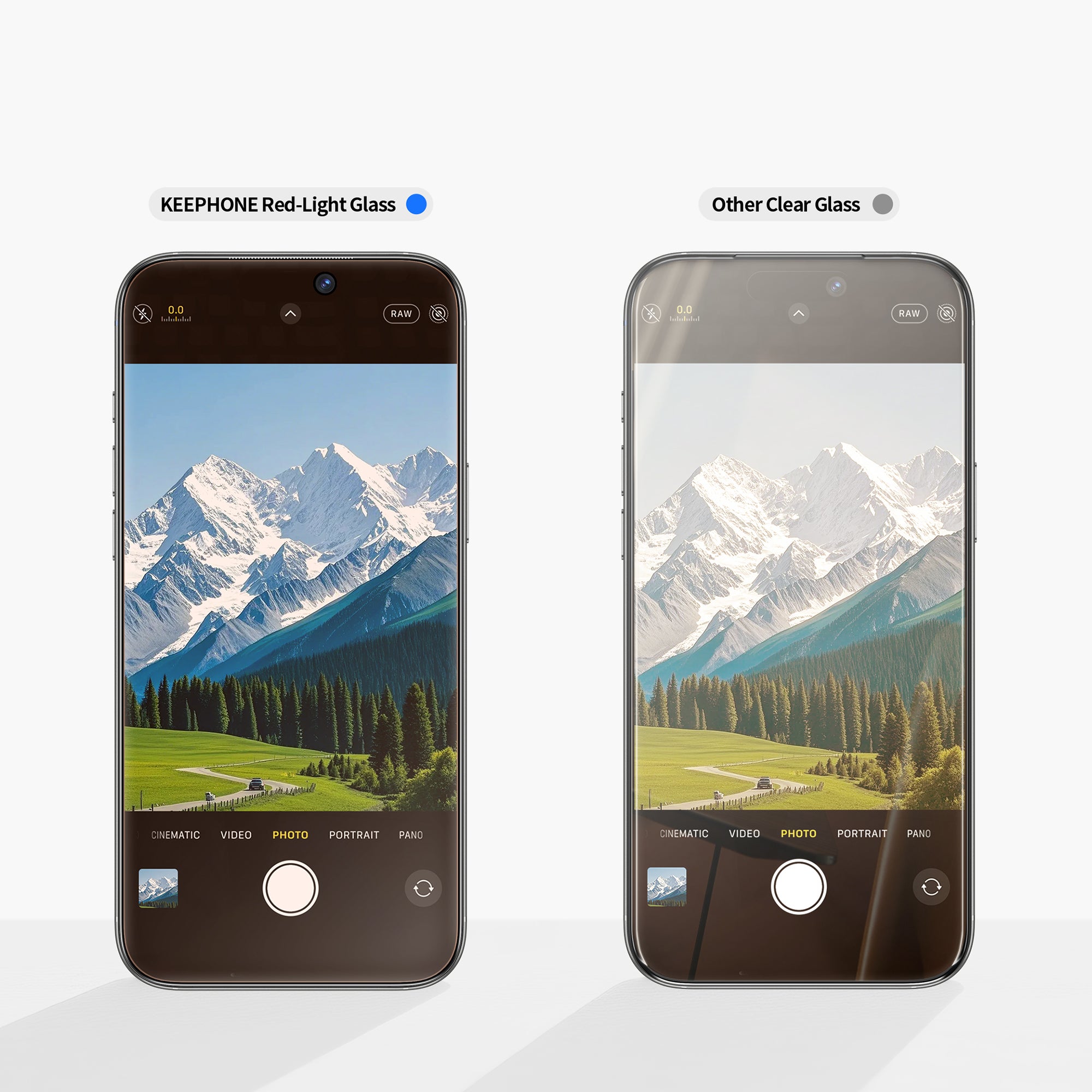 Lumicare Glass Screen Protector for iPhone 17 Pro/Max reduces glare vs standard clear glass, enhancing photo clarity.