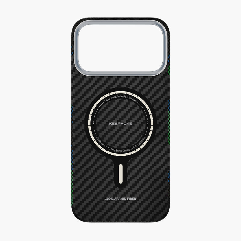 Starry Aramid Fiber Magnetic Case for iPhone 17 Series with MagSafe compatibility and sleek carbon fiber design.