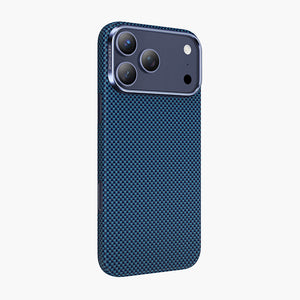 Blue Norra Aramid Fiber Magnetic Case for iPhone 17 Series with woven texture and precise camera cutout.