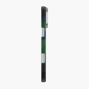 Starry Aramid Fiber Magnetic Case for iPhone 17 Series with Green & Blue Pixel Design and Silver Accents