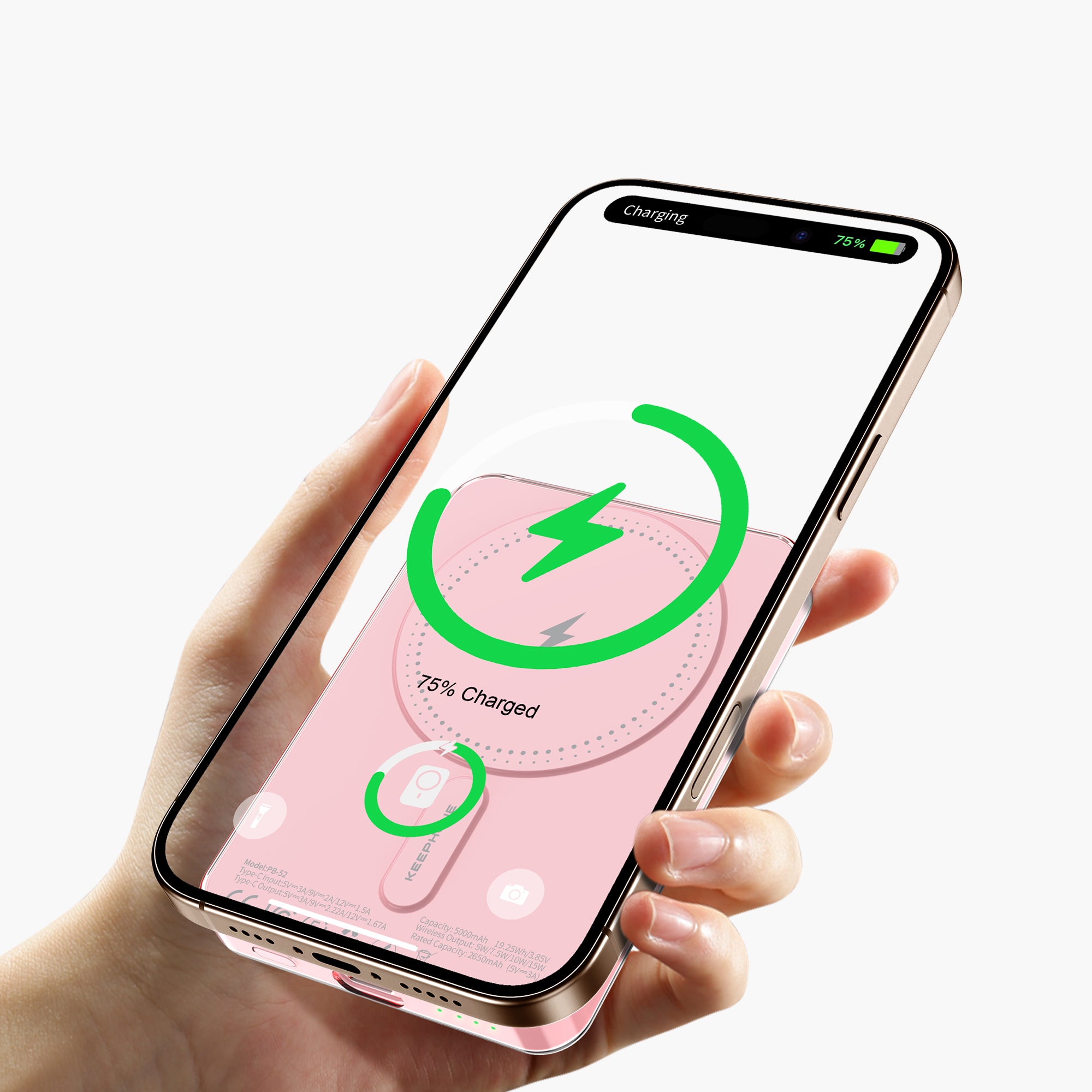 Hand holding Icemag 5000mAh magnetic wireless power bank charging smartphone, showing 75% battery level.